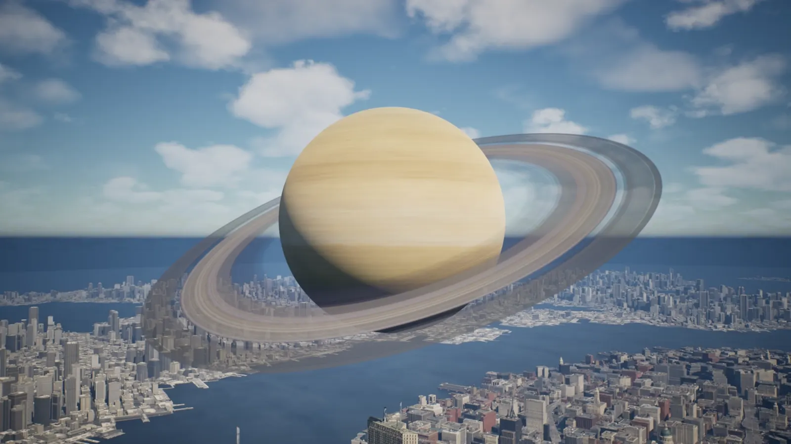 Saturn hanging low over a coastal city